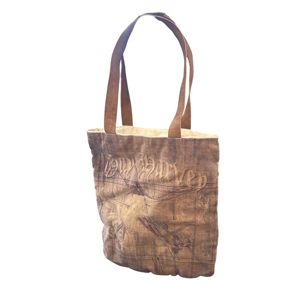Guy Harvey 2014 Cotton Canvas Tote Antiqued Fishing Scene Raw Leather Straps EUC